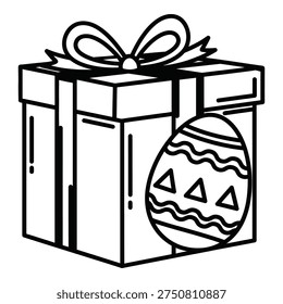 Black line drawing of gift box with Easter egg holiday decoration icon