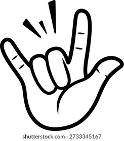 Un dibujo de línea negra de una mano con dos dedos hacia arriba y tres hacia abajo, con tres signos de exclamación por encima