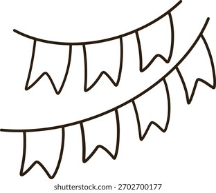 Black line drawing of hanging flags for festivals