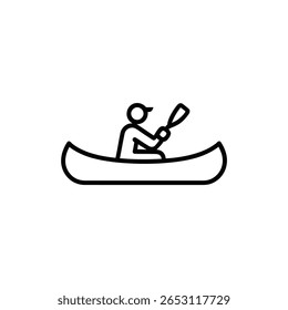 O desenho em linha preta destaca uma pessoa usando um chapéu remando uma canoa. O esboço estilizado transmite uma sensação de atividade ao ar livre e design simples, com pano de fundo transparente.