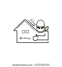 El dibujo de línea negra de una casa, un ingeniero con un casco de seguridad y hojas verdes significan un diseño respetuoso con el medio ambiente.