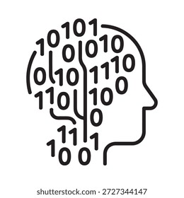 a black line drawing of a human head filled with binary code