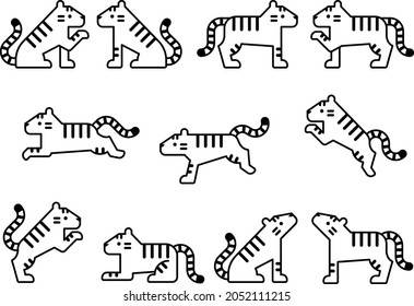 Black line drawing icon set of symbolic shaped tigers in various poses