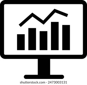 Black line drawing icons of line graphs and bar graphs displayed on a computer screen