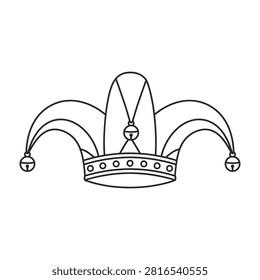 A black line drawing of a jester hat with three points and a decorative band, symbolizing comedy and jest