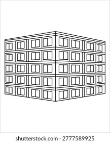 A black line drawing of a large building with many windows isolated on white background