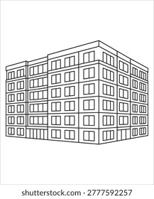 A black line drawing of a large building with many windows isolated on white background
