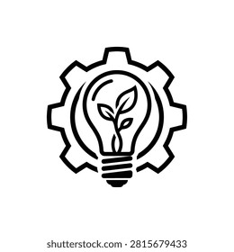 Black line drawing of light bulb with leaves