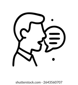 Um desenho em linha preta de um homem de perfil, falando com uma bolha de fala contendo três linhas, representando comunicação ou diálogo.