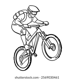 Black line drawing of a man riding a mountain bike.Vector illustration isolated on white background.