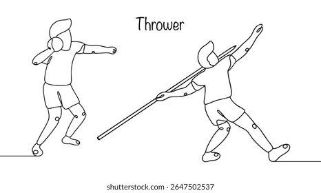 Black line drawing of men putting shot and throwing javelin. Sports throwing of objects with the aim of achieving maximum distance and accuracy. Isolated vector on sports theme.