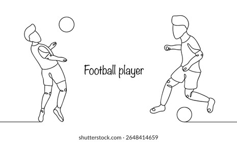 Uma linha preta desenhando um fundo branco de um jogador de futebol que salta para a cabeça de uma bola de futebol e chuta a bola com o pé para marcar um gol. Uma ilustração simples representando um esporte popular em equipe.