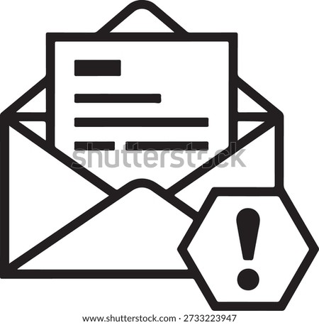 A black line drawing of an open envelope with a document sticking out and a warning sign with an exclamation mark on a white background