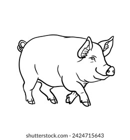 black line drawing pig walking.Vector illustration isolated on white.