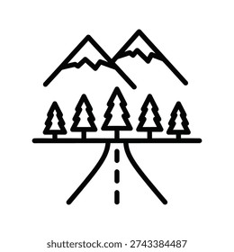 A black line drawing of a road through a forest with mountains