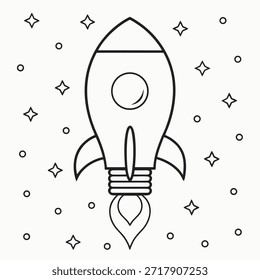 Schwarze Linienzeichnung eines Raketenschiffes, das in die Sterne abstrahlt, und Weltraumsymbol für Innovation und Erforschung