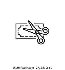 Black line drawing of scissors cutting a coupon with a dashed line on a white background