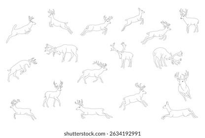 Black line drawing set of deer silhouette in running and jumping poses, isolated on background. Vector illustration.