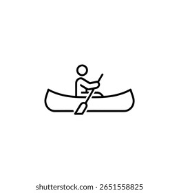 O desenho em linha preta mostra o contorno simples de uma pessoa usando remos em uma canoa. O gráfico vetorial preto é transparente, tornando-o ideal para sobreposições e designs.