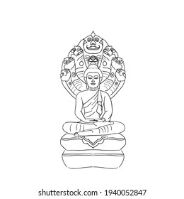 A black line drawing of a sitting monk with a seven-headed serpent behind it.Vector illustration isolated on white background.