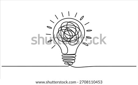 Black line drawing of a tangled light bulb filament on a white background idea line art