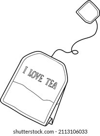 Black line drawing of a tea bag with the inscription "I love tea"