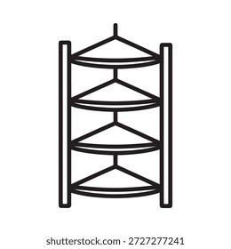 Desenho de linha preta de uma prateleira espiral de três camadas