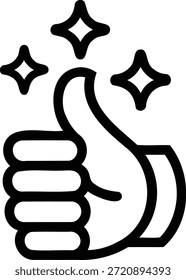 Black line drawing of a thumbs up hand gesture with sparkles, symbolizing approval, success, or excellence.
