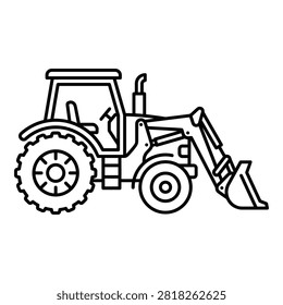 Black line drawing of tractor with front loader bucket machinery