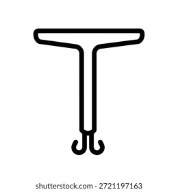 Desenho em linha preta de um objeto em forma de T com dois ganchos curvos na parte inferior.