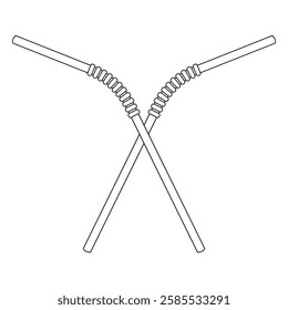 Black line drawing two crossed drinking straws with ribbed texture