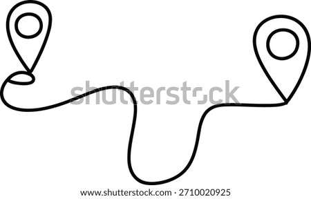 Black line drawing of two location pins connected by a winding path