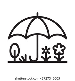 black line drawing of an umbrella over plants and flowers