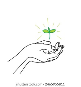 black line drawing of an upturned hand above which there are green shoots