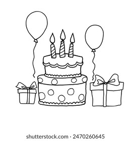 black line drawing vector design bread with candle and some balloon gifts suitable for kids content, colouring pages, storybook, cartoon templates