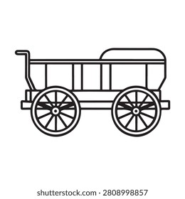 A black line drawing of a wagon with two large wheels on a white background
