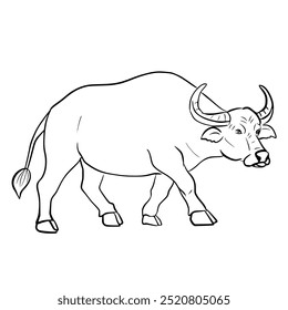 Black line drawing of a walking buffalo.Vector illustration isolated on white background.Cute design for t shirt print, icon, logo, label, patch or sticker.
