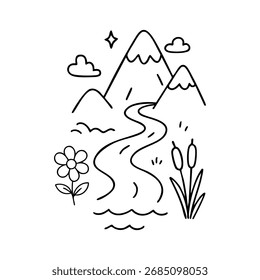 Black line drawing of a winding river flowing between mountains, with clouds, a flower, and cattails