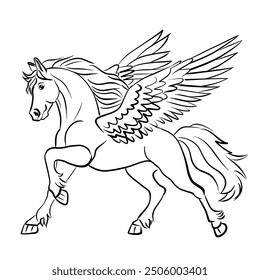 Black line drawing of a winged horse running.Vector illustration isolated on white background.