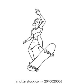 black line drawing of a woman playing a skateboard.jump in the air.view from below.Isolated vector illustration on a white background.