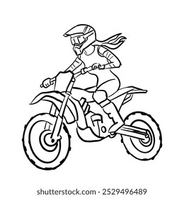 Desenho de linha preta de uma mulher montando uma motocicleta motocross.Vetor ilustração isolada no fundo branco.