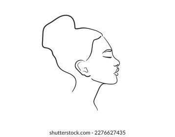 Black Line drawing of a woman's face on a white background. Lady face profile outline. Design for cosmetics