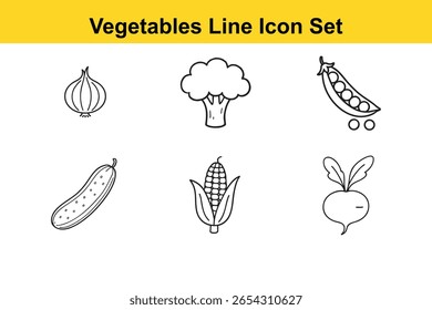 Desenhos de linha preta de cebola, brócolis, ervilhas, pepino, milho e rabanete. Esta imagem apresenta verduras, arte em linha, ícones, cebola, brócolis.