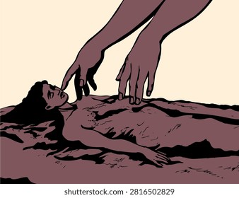 Black line drawn cartoon art bare guy boy asleep dream divine spirit breath beauty flesh head face relax rest scene. Retro old antique age holy lord arm touch clay soil build form make dirt mud live being Eve spirit historic world faith hope concept