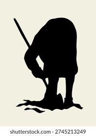 Black line drawn rustic male slave dig sow green root leaf icon sign symbol concept antiq ancient retro outline cartoon art doodle style. Closeup back view man look hold reap crop park hobby white sky