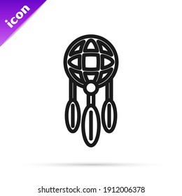 Black line Dream catcher with feathers icon isolated on white background.  Vector