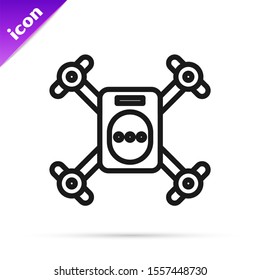 Black line Drone flying with action video camera icon isolated on white background. Quadrocopter with video and photo camera symbol.  Vector Illustration