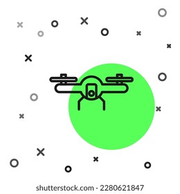 Black line Drone flying icon isolated on white background. Quadrocopter with video and photo camera symbol.  Vector Illustration