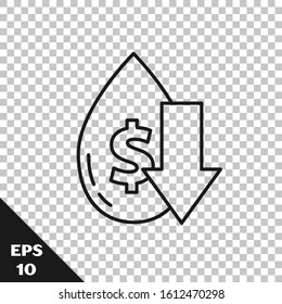 Black line Drop in crude oil price icon isolated on transparent background. Oil industry crisis concept.  Vector Illustration