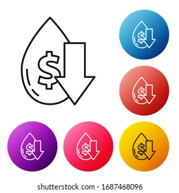 Black line Drop in crude oil price icon isolated on white background. Oil industry crisis concept. Set icons colorful circle buttons. Vector Illustration